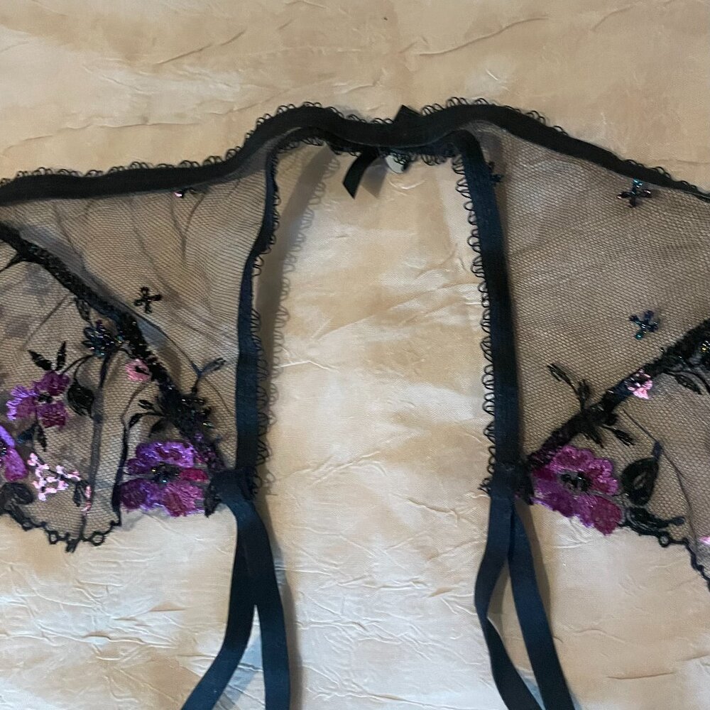 Victoria's Secret Embroidered Black Garter Belt with Purple & Pink Accents - Picture 9 of 10